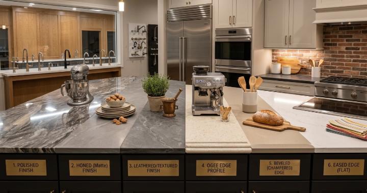 Comparison of engineered stone countertop finishes and edge profiles