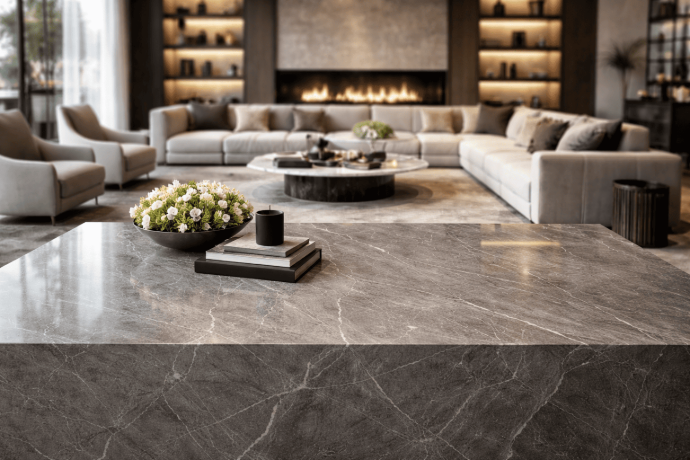 Gray stone countertop in a modern living room