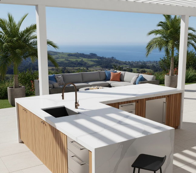 White marble-look porcelain slab countertop on an outdoor kitchen island with ocean view