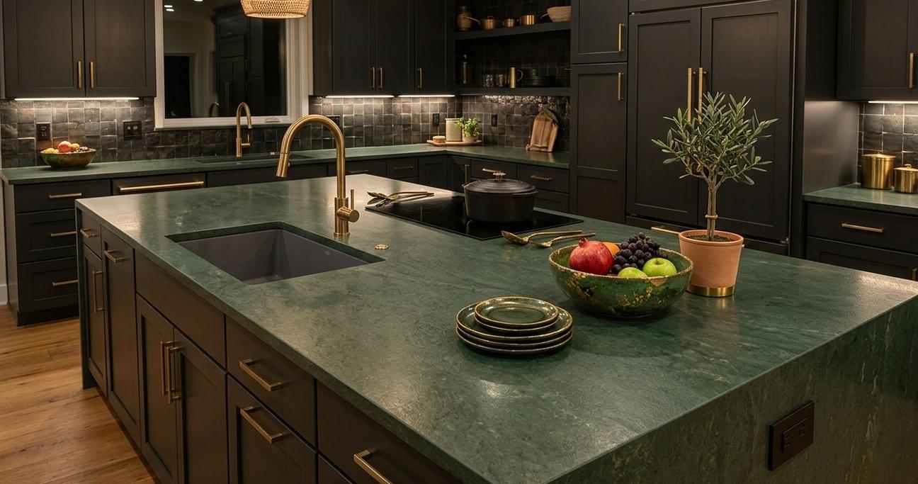 Honed green quartz countertop surface in a modern kitchen