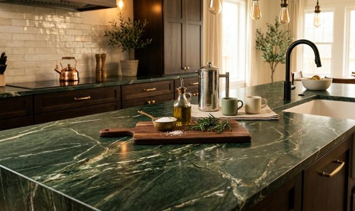 Close-up of green engineered quartz slab showing natural veining and texture