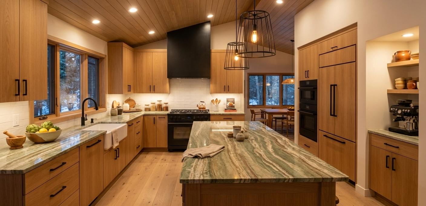 Green travertine slab countertop in a Scandinavian kitchen with warm wood tones and matte black hardware