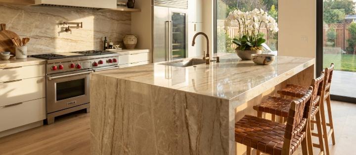 Beige porcelain countertop slab with natural veining pattern.