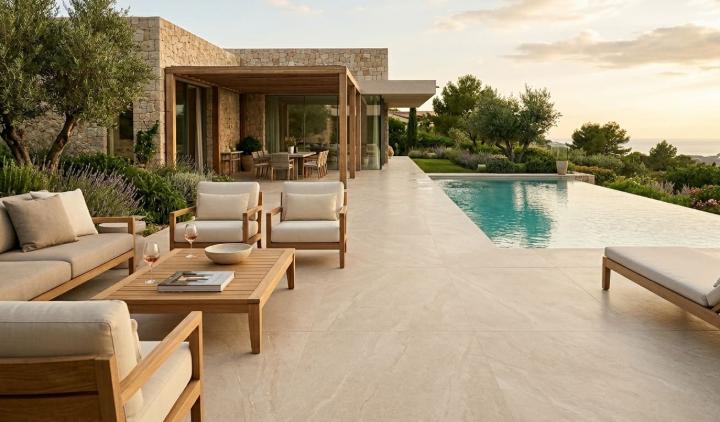 Lounge area with a durable porcelain slab patio.