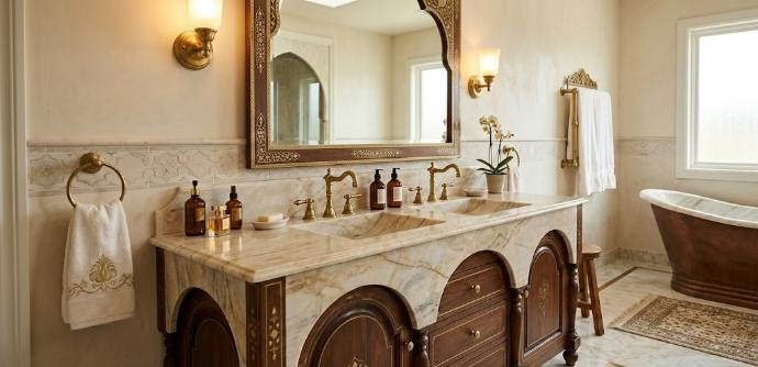 Taj Mahal Quartzite bathroom vanity countertop with gold veining
