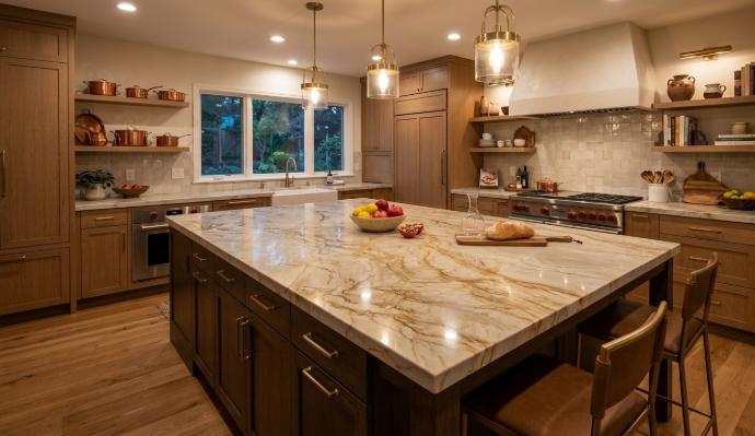 Taj Mahal quartzite countertop with polished finish on kitchen island showing warm gold veining