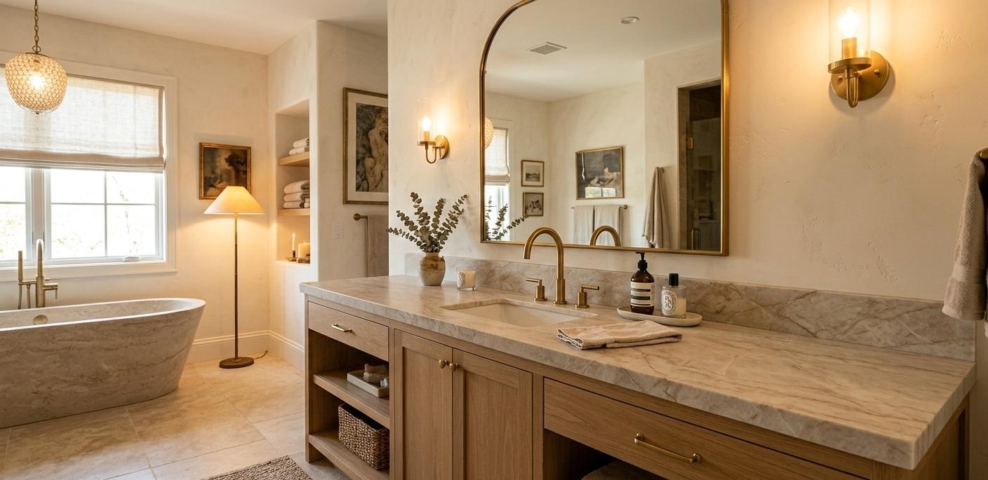 Honed Taj Mahal quartzite slab on bathroom vanity with soft cream and taupe tones