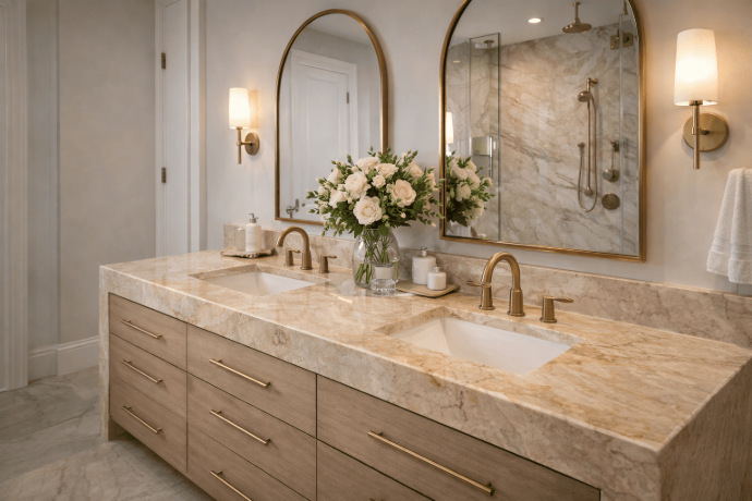 Taj Mahal quartzite double bathroom vanity paired with brushed gold fixtures and arched mirrors