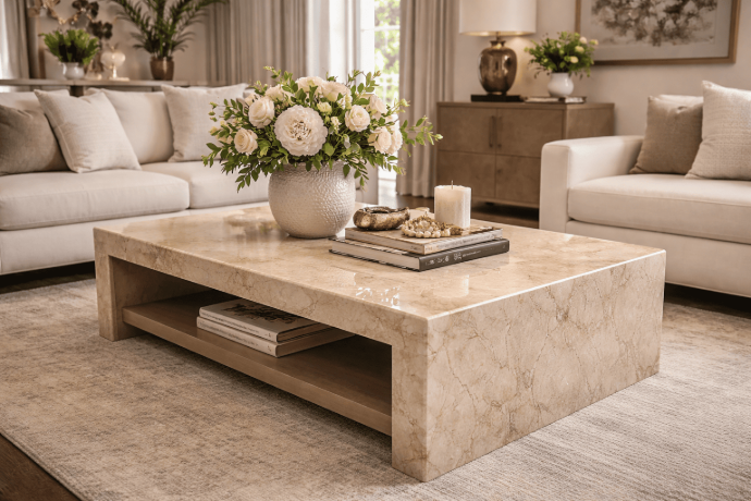 Taj Mahal quartzite coffee table in a modern living room with creamy white and beige tones
