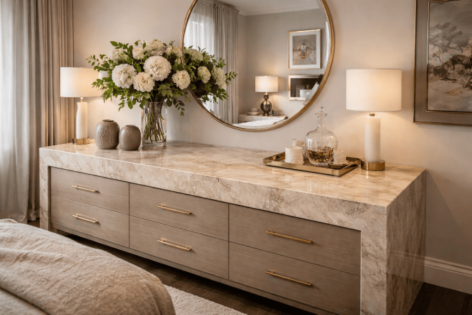 Taj Mahal quartzite slab on a bedroom dresser with warm gold veining and neutral tones