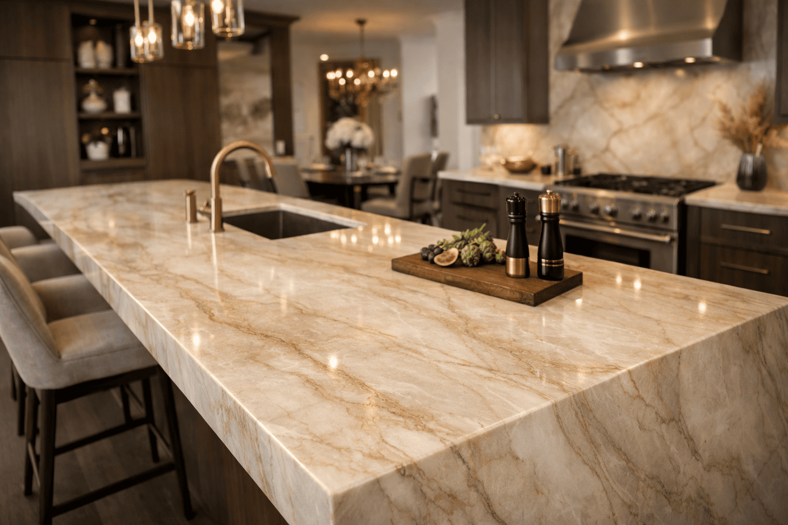 Taj Mahal Quartzite slab closeup showing gold and cream veining