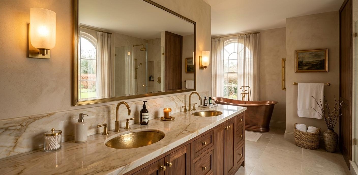 Taj Mahal quartzite bathroom vanity with polished finish and warm ivory gold veining