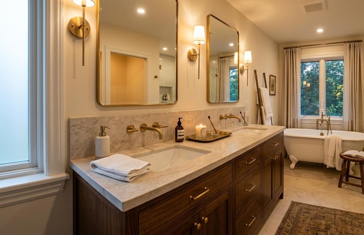 Leathered Taj Mahal quartzite bathroom vanity with textured finish and warm ivory veining