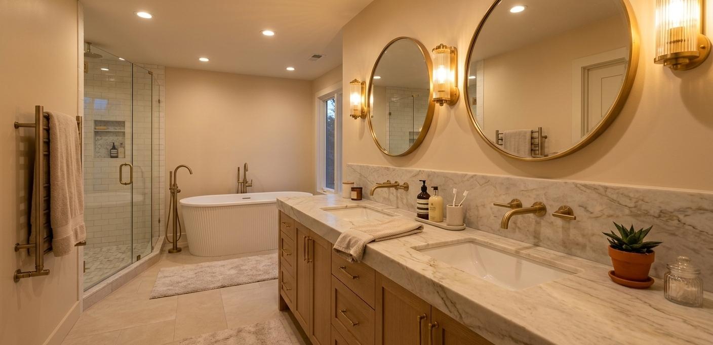 Natural quartzite slab in honed finish installed as bathroom vanity countertop