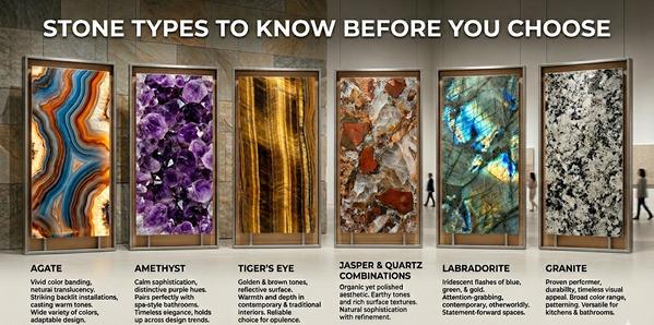 Variety of semi-precious stone slabs including agate and amethyst