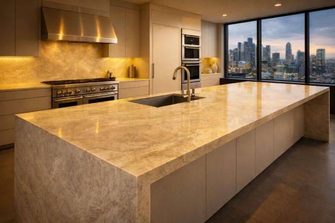 Taj Mahal quartzite waterfall kitchen island in a modern beige kitchen