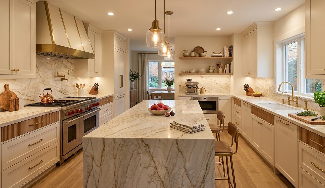 Taj Mahal polished quartzite slab with creamy ivory background