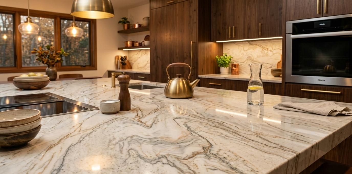 Close-up of Taj Mahal quartzite polished finish showing natural stone veining pattern