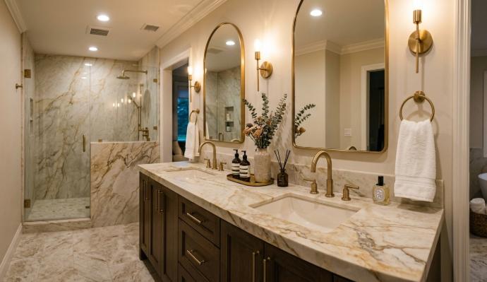 Leathered Taj Mahal quartzite bathroom vanity with warm veining