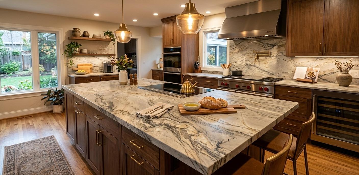 Leathered quartzite kitchen island top