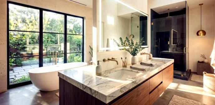 Bathroom vanity with white stone and soft gray veining. Taj Mahal Quartzite