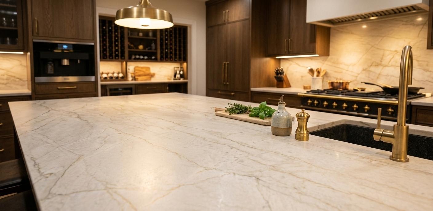 Close-up of smooth matte honed quartzite surface