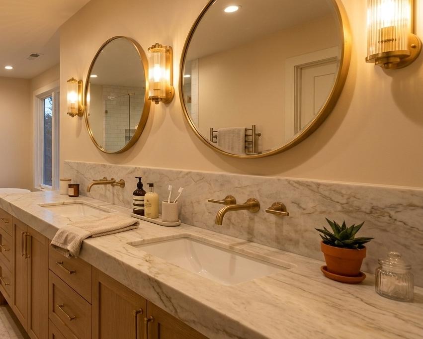 Natural quartzite slab in honed finish installed as a bathroom vanity countertop