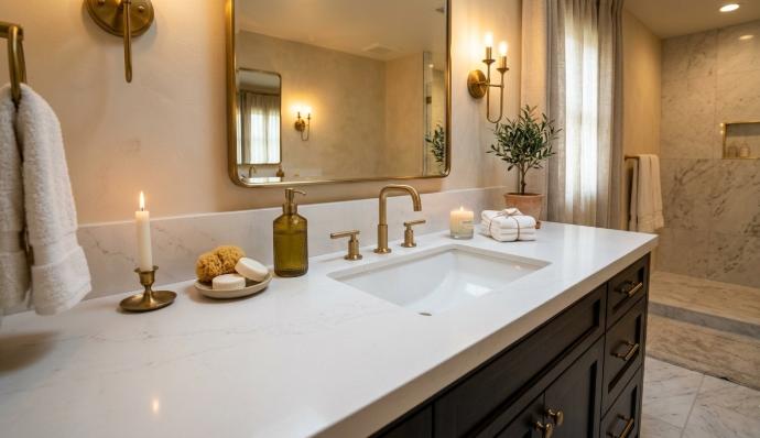 White honed engineered stone bathroom vanity