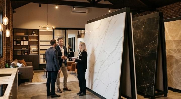 Large-format engineered stone slabs on display