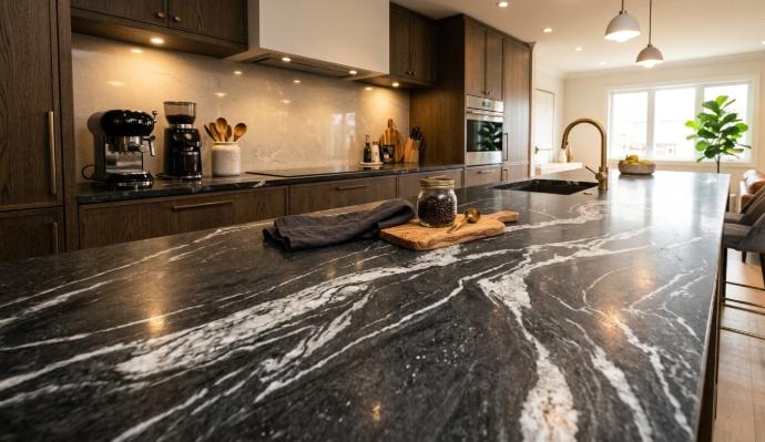 Large-format engineered stone slabs on display