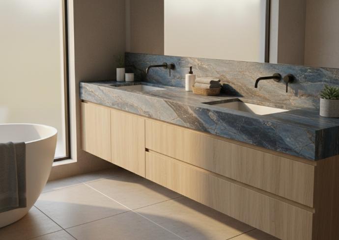 Blue travertine countertop in bathroom