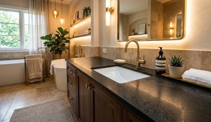 Honed Absolute Black granite bathroom vanity surface with undermount sink