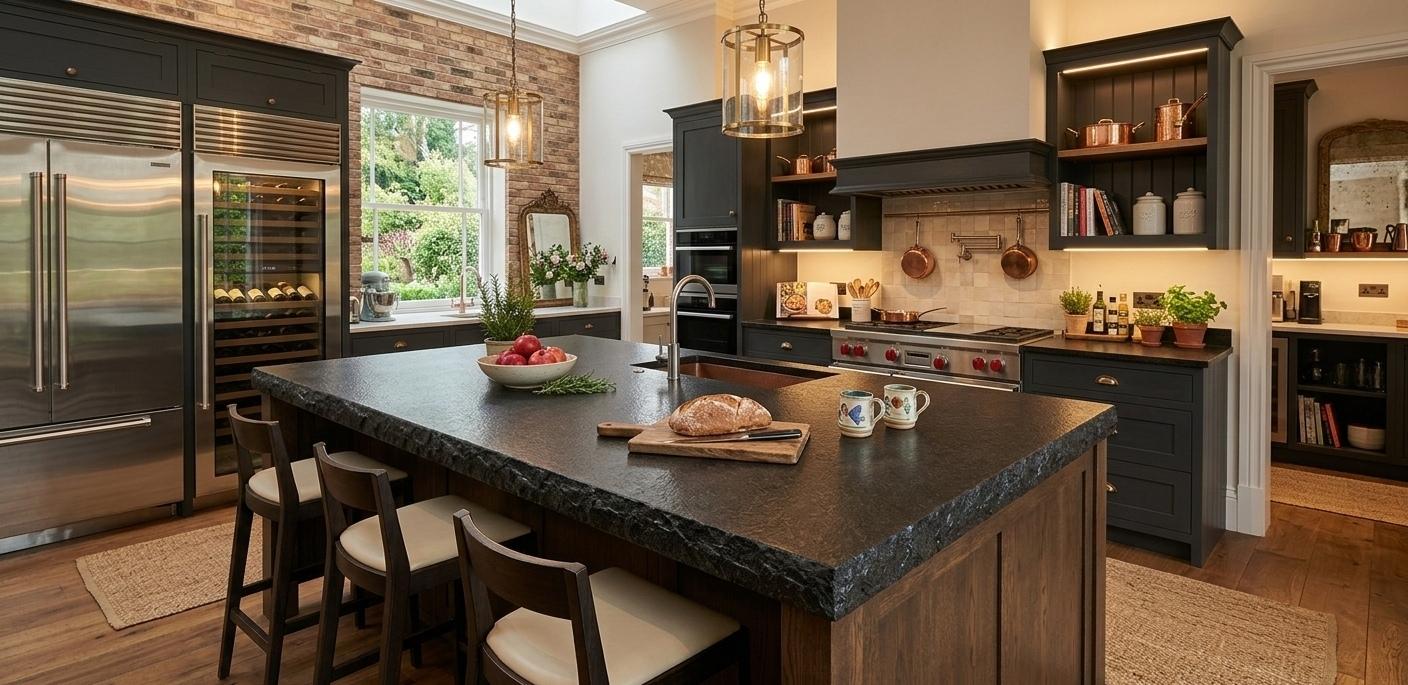 Leathered black granite kitchen island