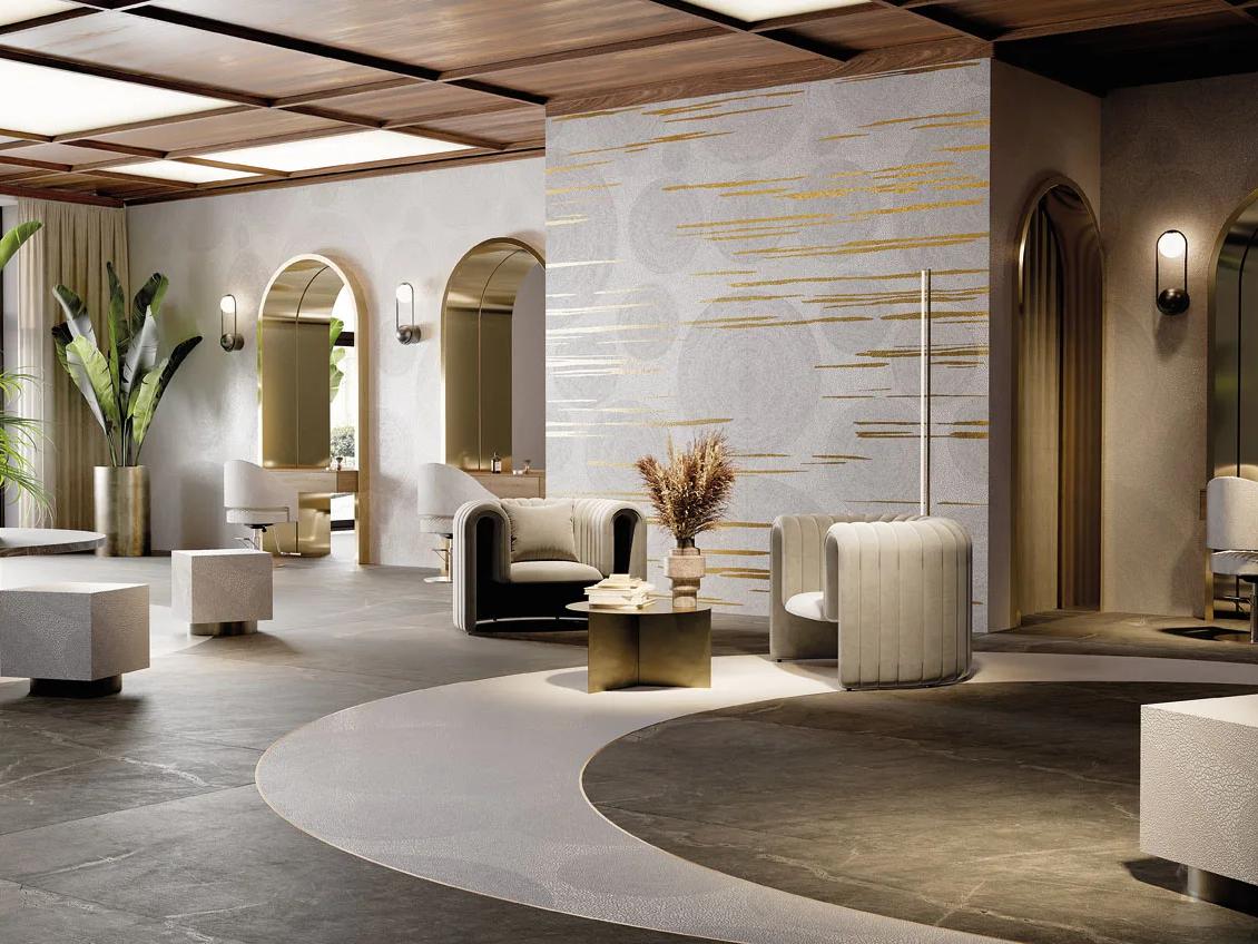 Holos Hyams White porcelain slabs covering walls inside a spacious and well-lit luxury lobby