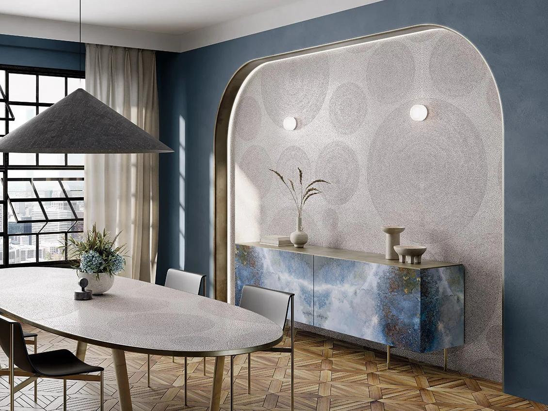 Hyams White porcelain slabs used as an arched feature wall in a modern dining room