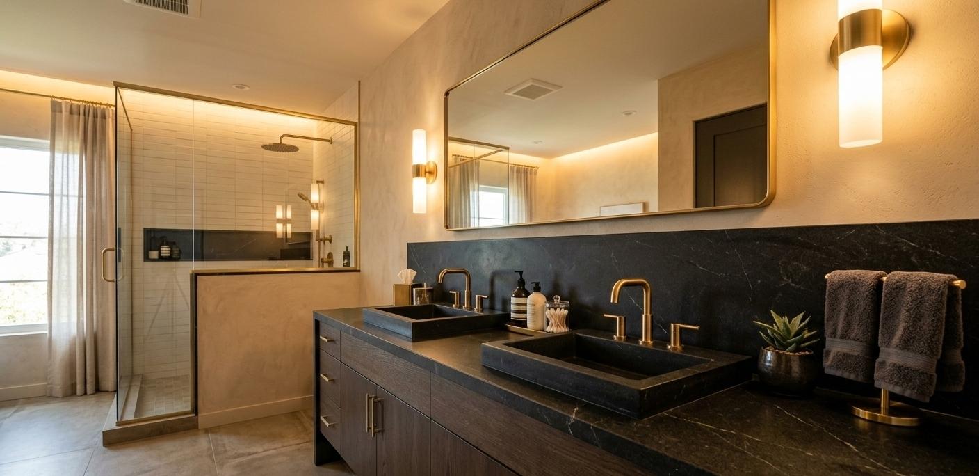 Honed black granite countertop and backsplash