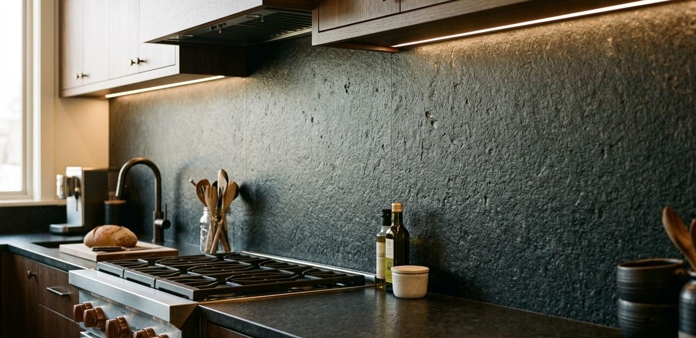 Leathered absolute black granite backsplash close-up showing natural stone texture