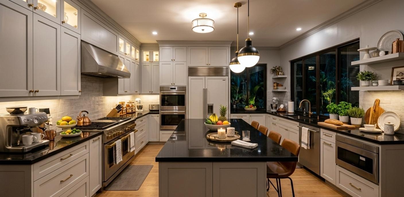 Wide kitchen with absolute black granite countertops