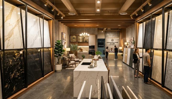 Engineered stone slabs displayed in a tile and stone showroom