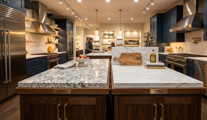 Side-by-side comparison of granite and marble countertop samples