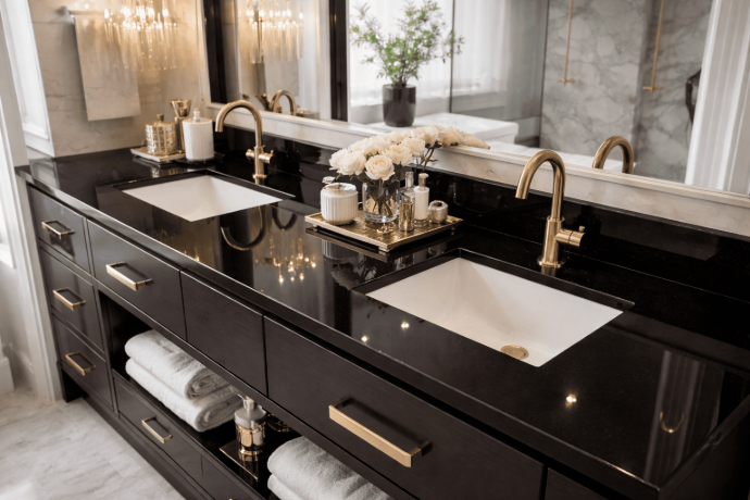  Absolute Black granite bathroom vanity top with dual undermount sinks and gold faucets