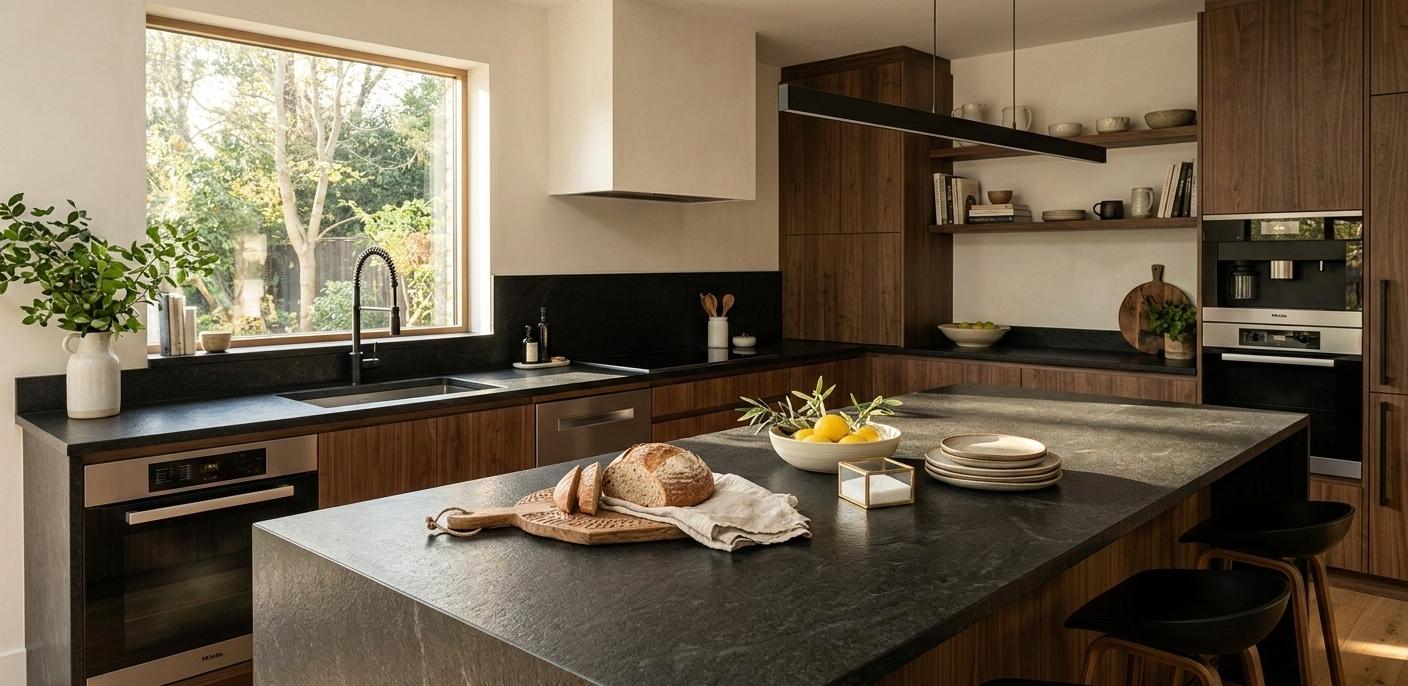 Absolute black leathered granite slab with matte texture