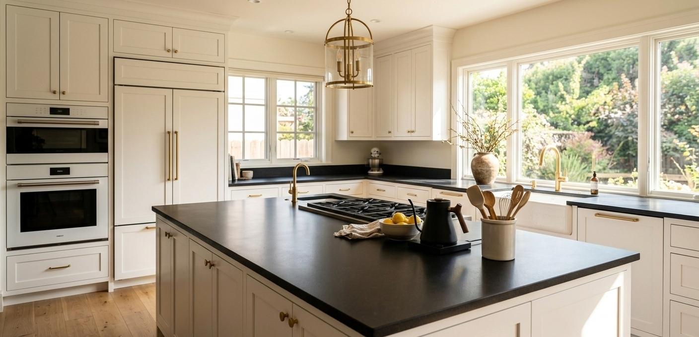 Kitchen island topped with absolute black honed granite