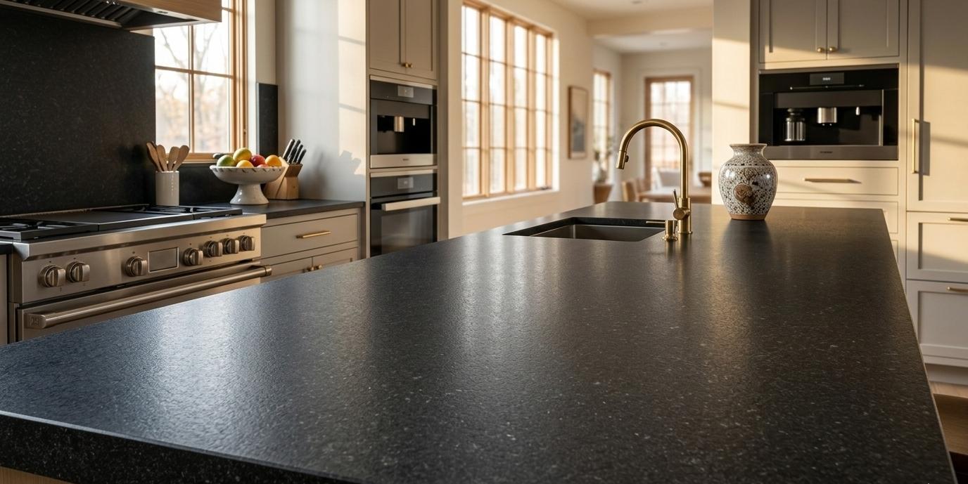 Close-up of absolute black honed granite surface texture showing natural mineral variation