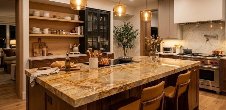 Taj Mahal quartzite countertop on kitchen island with warm lighting