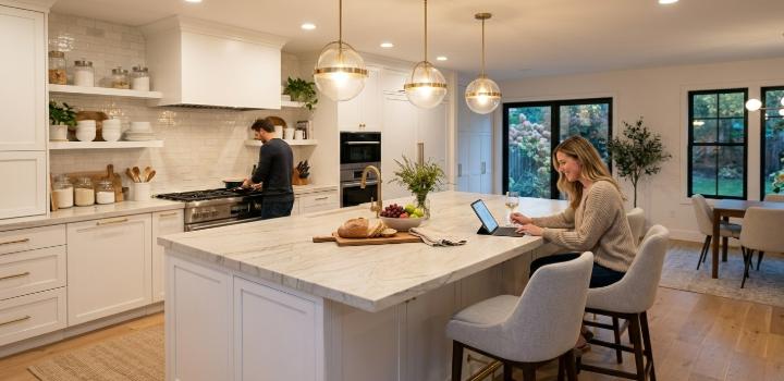 White kitchen with Taj Mahal quartzite island countertop