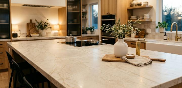 Taj Mahal quartzite kitchen island countertop close-up