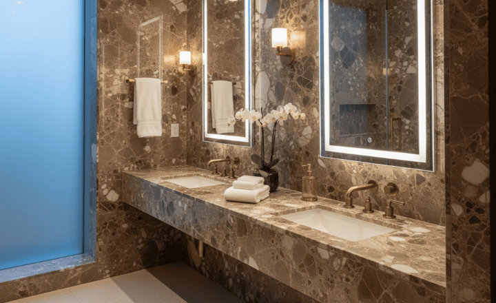 Marble bathroom vanity with full stone wall surround