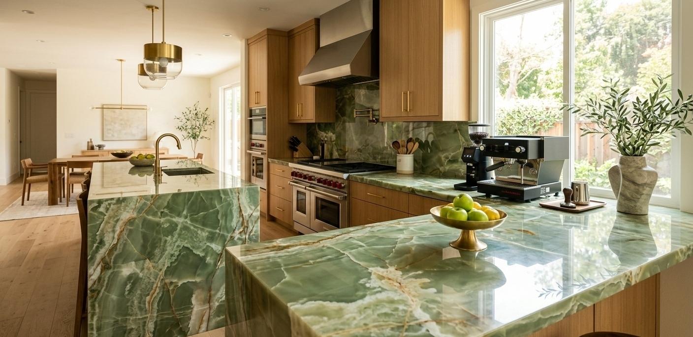 Polished green onyx natural stone slab countertop