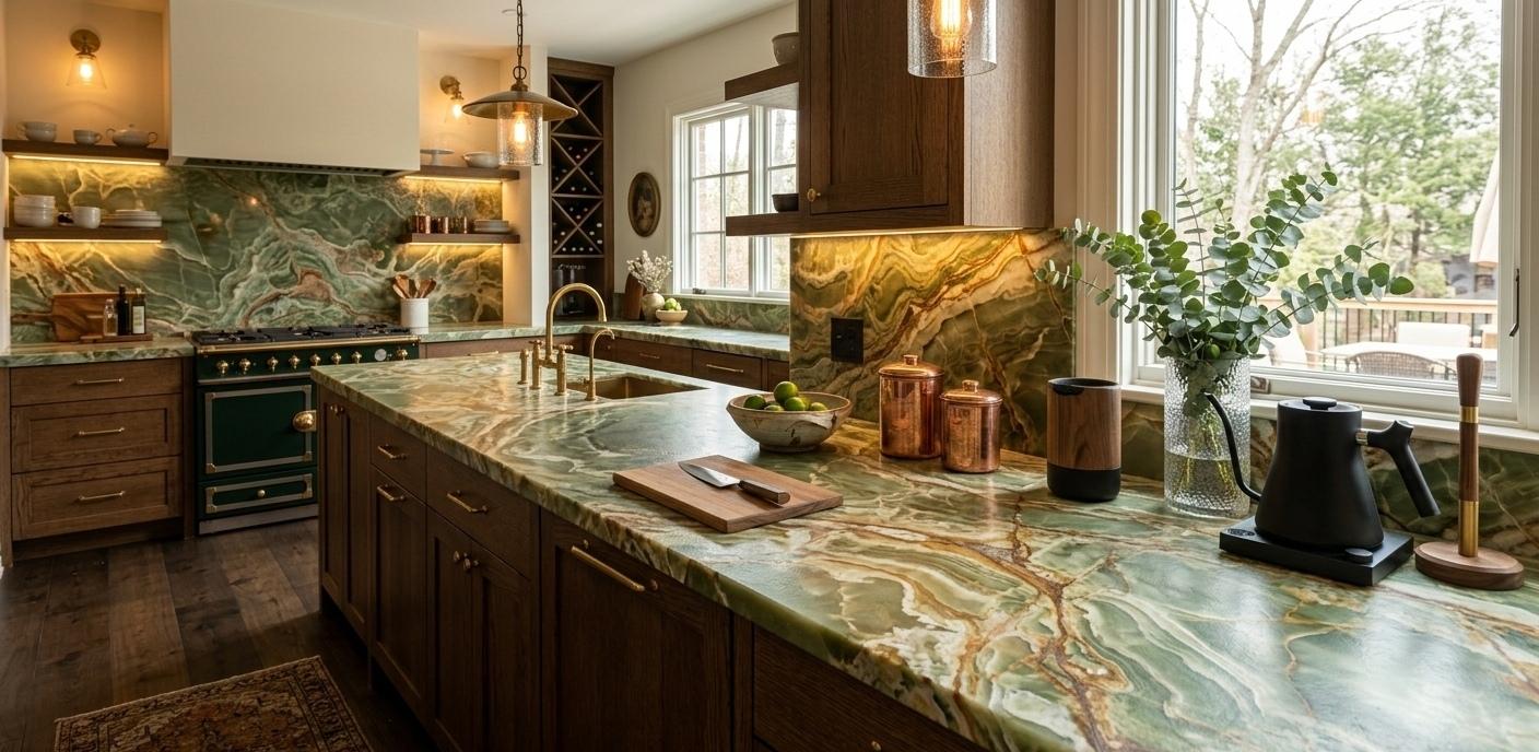 Leathered finish green onyx stone slab